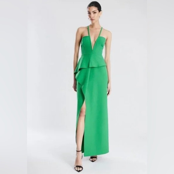 BCBGMAXAZRIA Daphne Peplum Crepe Evening Gown Malachite Green Womens Size 6 - Picture 1 of 9